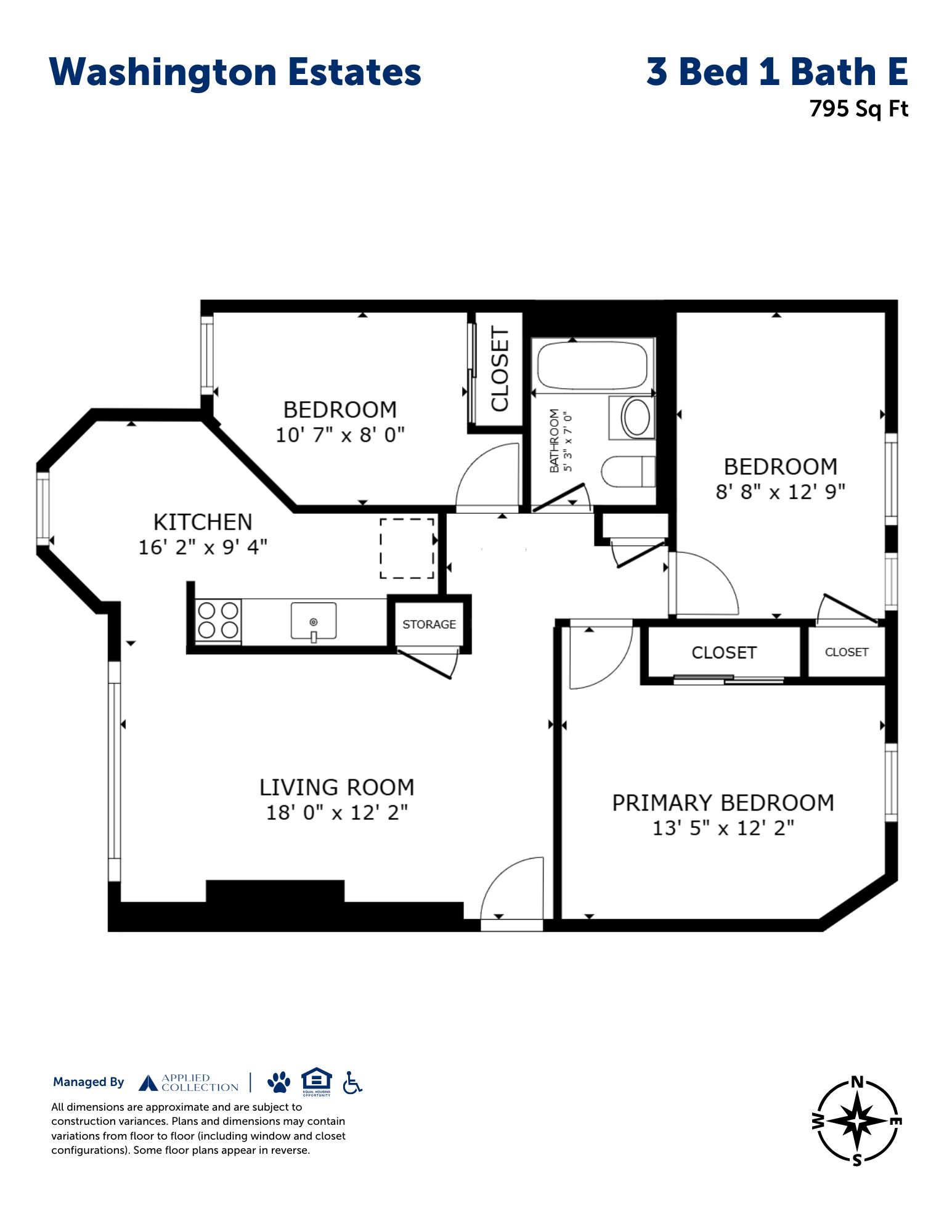 Floor plan for 3 beds, 1 bath, 795 sqft